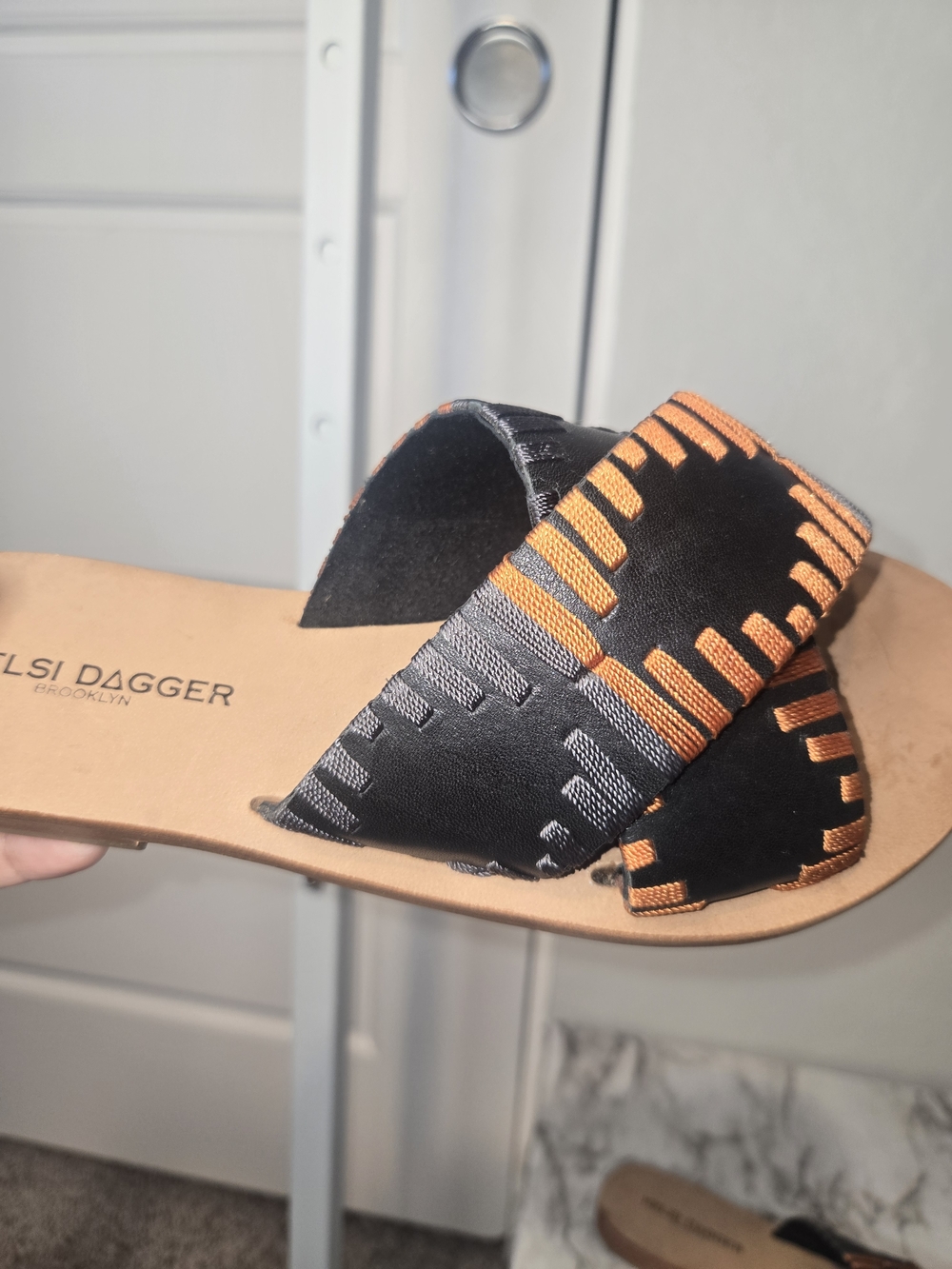 Kelsi Dagger Black Slide Sandal with Orange Stitching